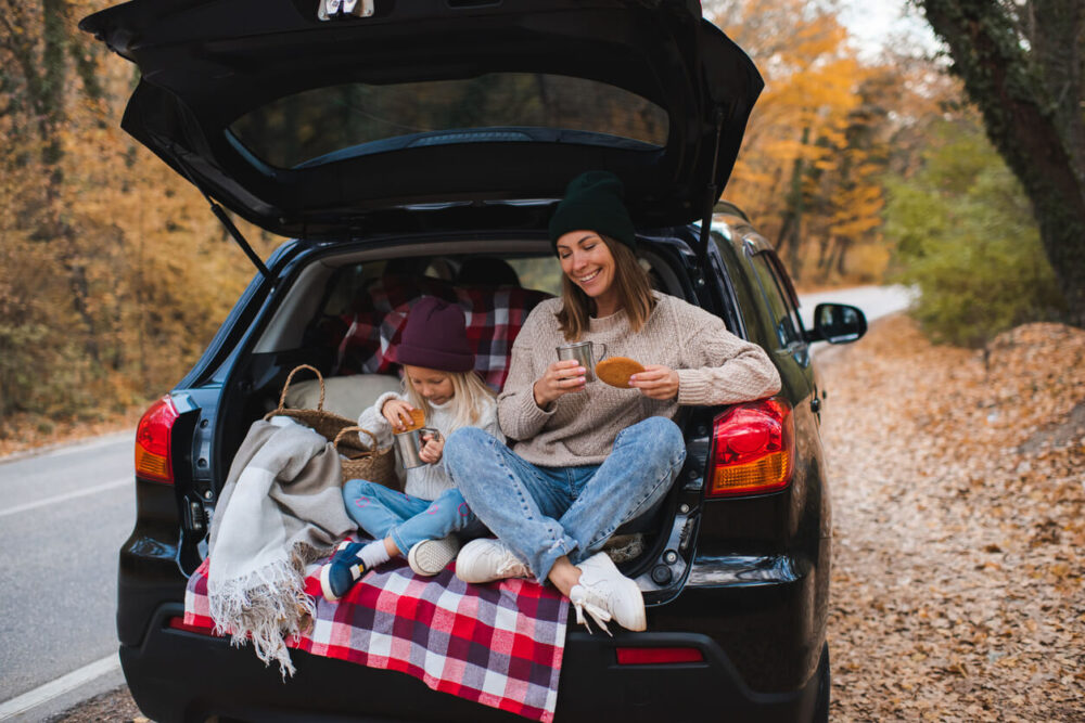 Road Trip Picnic Ideas for an Effortless Travel Spread 1 Happy mother with child girl having picnic in car trunk sitting on checkered blanket in woods over autumn leaves.