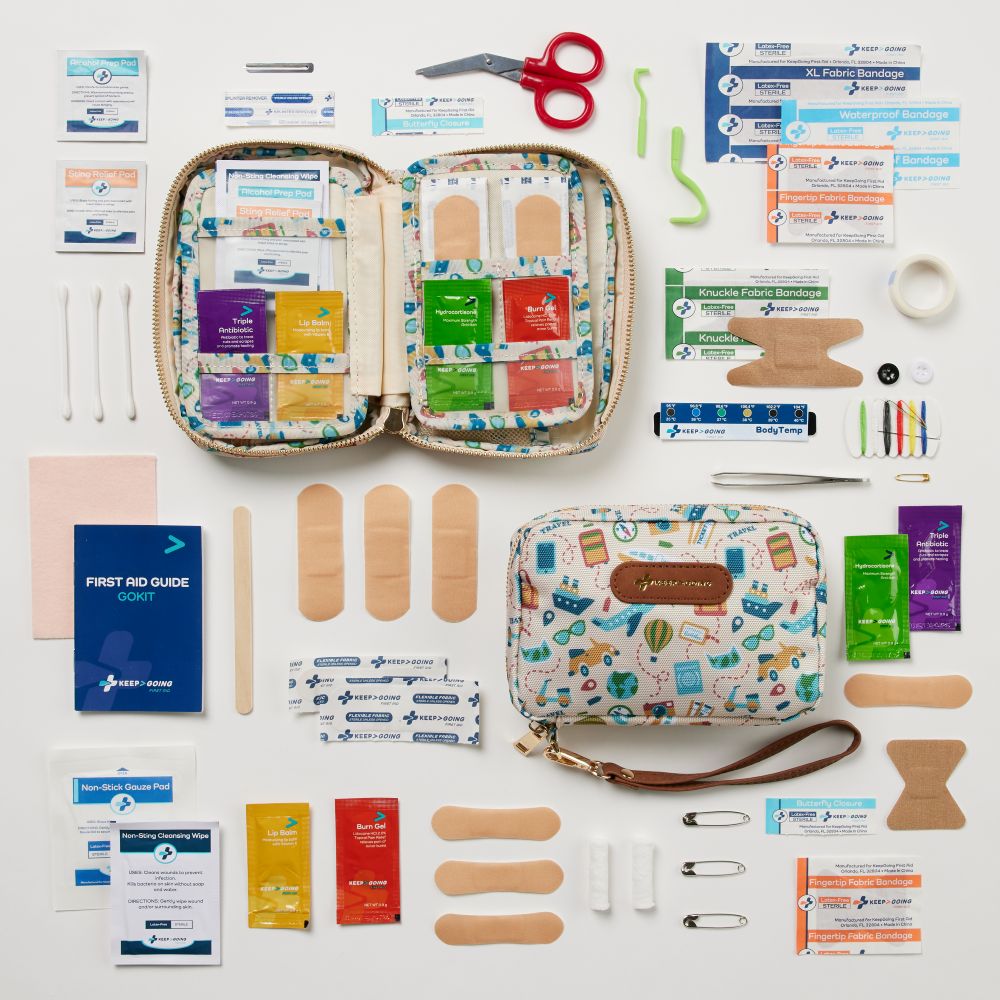 Traveler GoKit TSA approved first aid kit with all the included items shown
