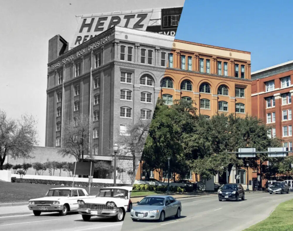 Visiting The Sixth Floor Museum at Dealey Plaza in Dallas 2 sixth floor museum - split view of texas book depository in 1963 and now.