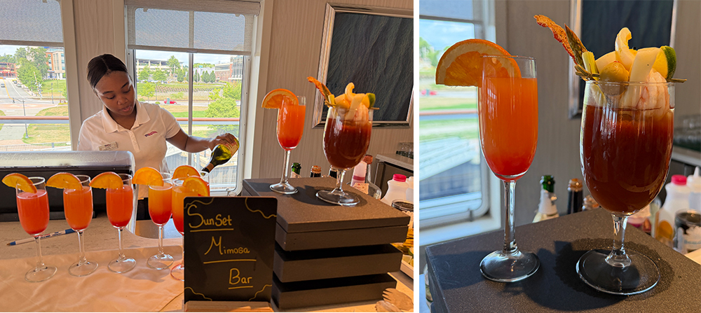 Cocktail demonstration in the Sky Lounge showing a Bloody Mary and another special cocktail.