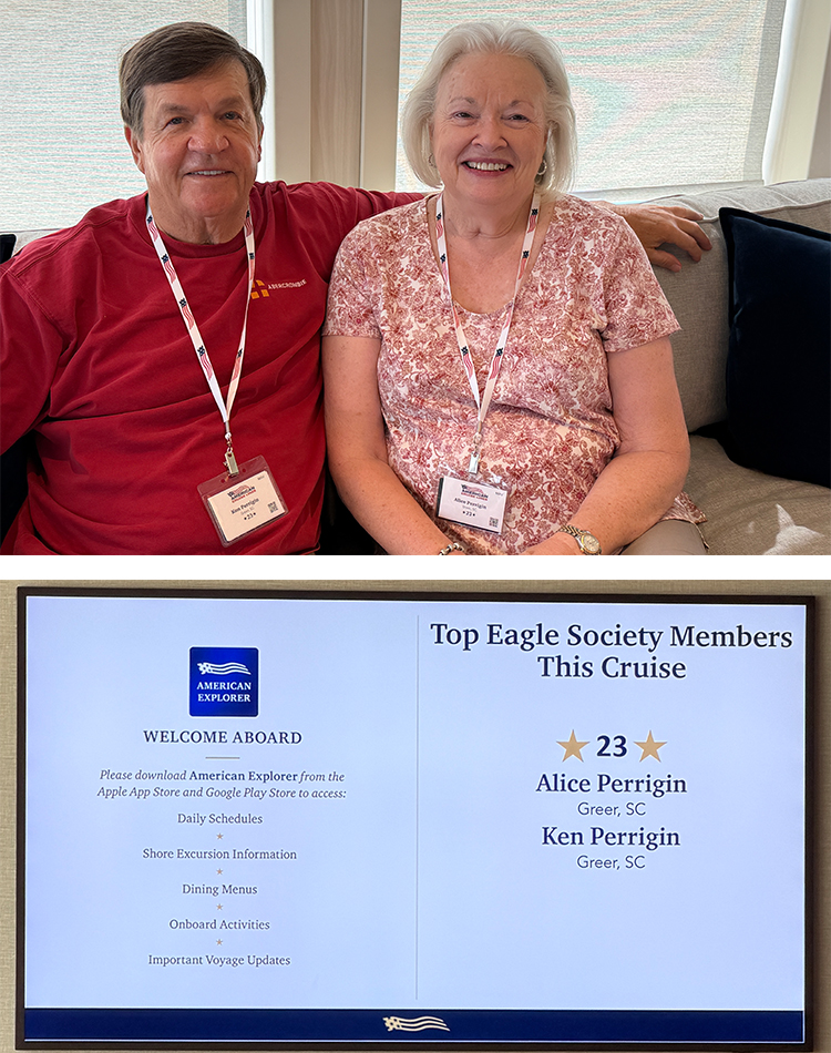 Ken and Alice Perrigin, Eagle Society members on American Cruise Lines