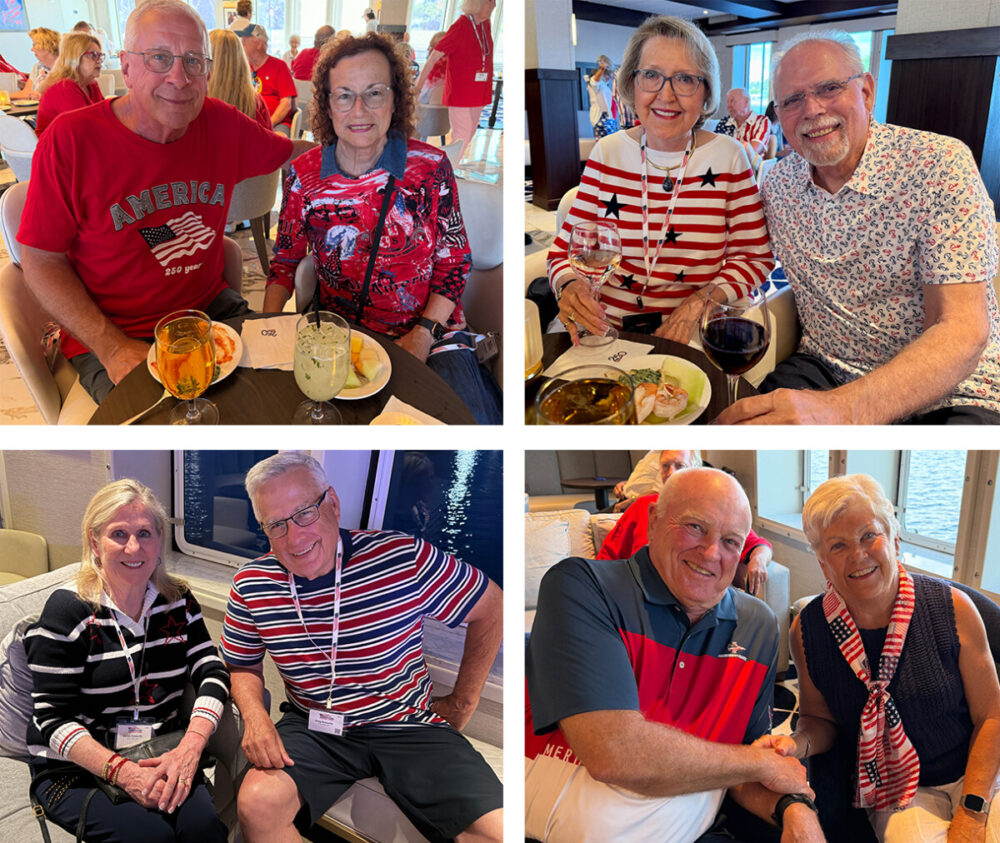 Explore Maine's Coast and Harbors Aboard American Cruise Lines 18 Collage - American Cruise LInes passengers wearing red, white, and blue to a 250th birthday party on board.