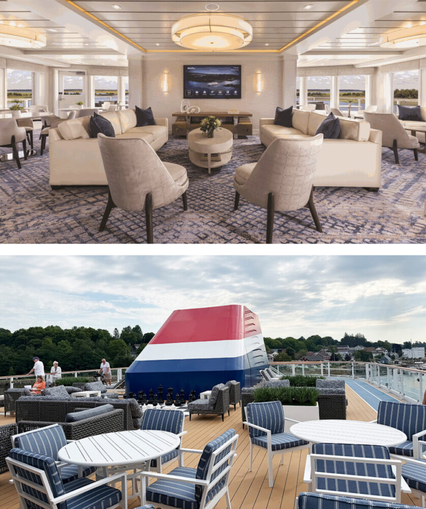 Explore Maine's Coast and Harbors Aboard American Cruise Lines 14 Inside the Sky Lounge and outside tables on top deck, American Maverick