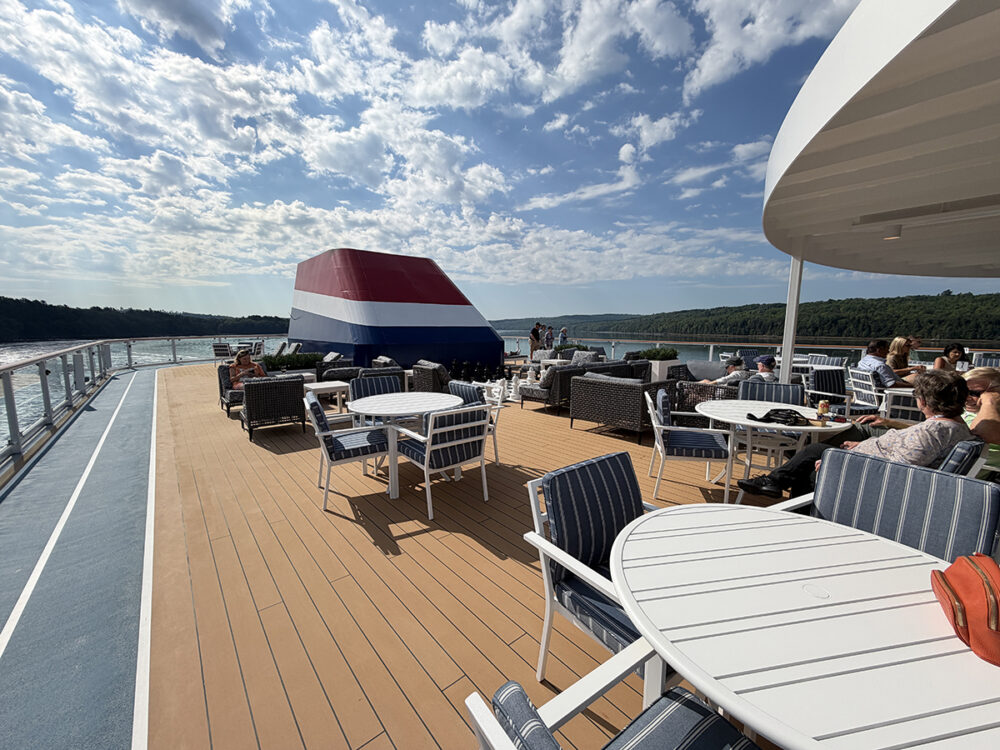Explore Maine's Coast and Harbors Aboard American Cruise Lines 9 Top Deck on American Maverick includes a 360-degree walking path.