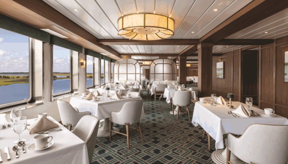 Explore Maine's Coast and Harbors Aboard American Cruise Lines 10 Interior of Main Dining Room on American Maverick, American Cruise Lines