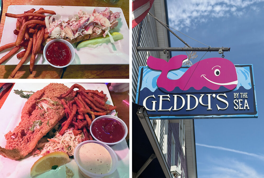 Explore Maine's Coast and Harbors Aboard American Cruise Lines 29 Trio of photos showing lobster roll and fried fish with Geddy's Sign
