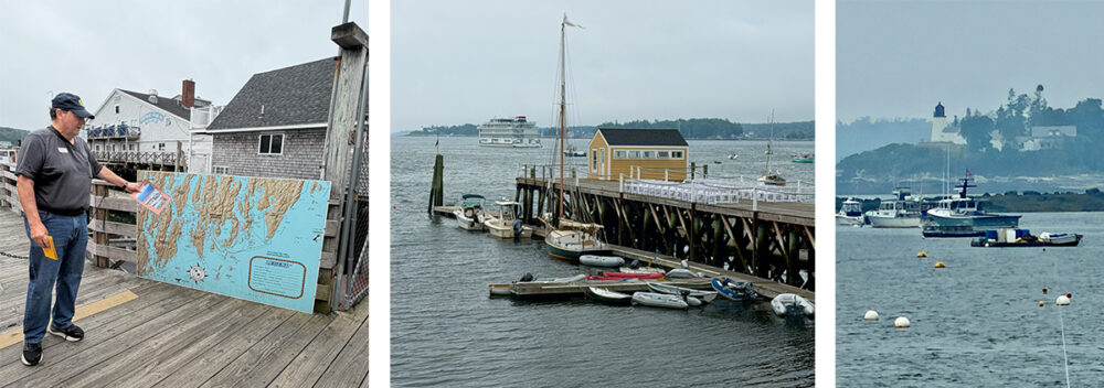 Explore Maine's Coast and Harbors Aboard American Cruise Lines 20 Boothbay Harbor trio of photos showing guide pointing to map of area; harbor area with our ship in backgroun and Burnt Island Lighthouse in distance.