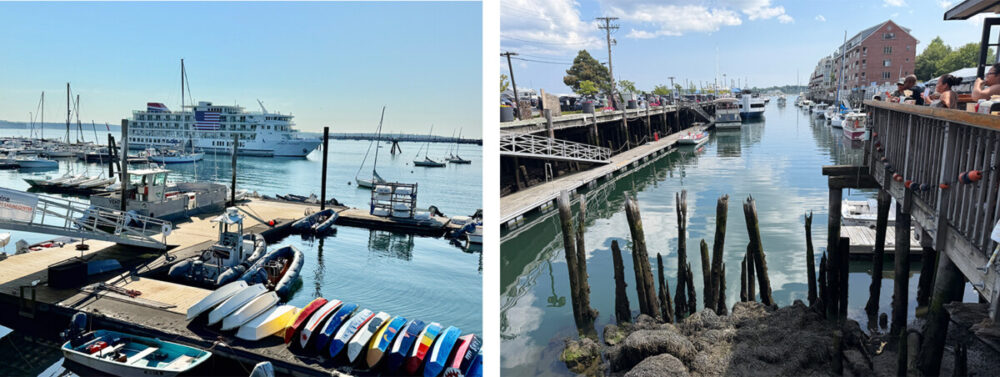 Explore Maine's Coast and Harbors Aboard American Cruise Lines 5 Duo showing view of Casco Bay in Portland and a view of American Maverick ship in the harbor
