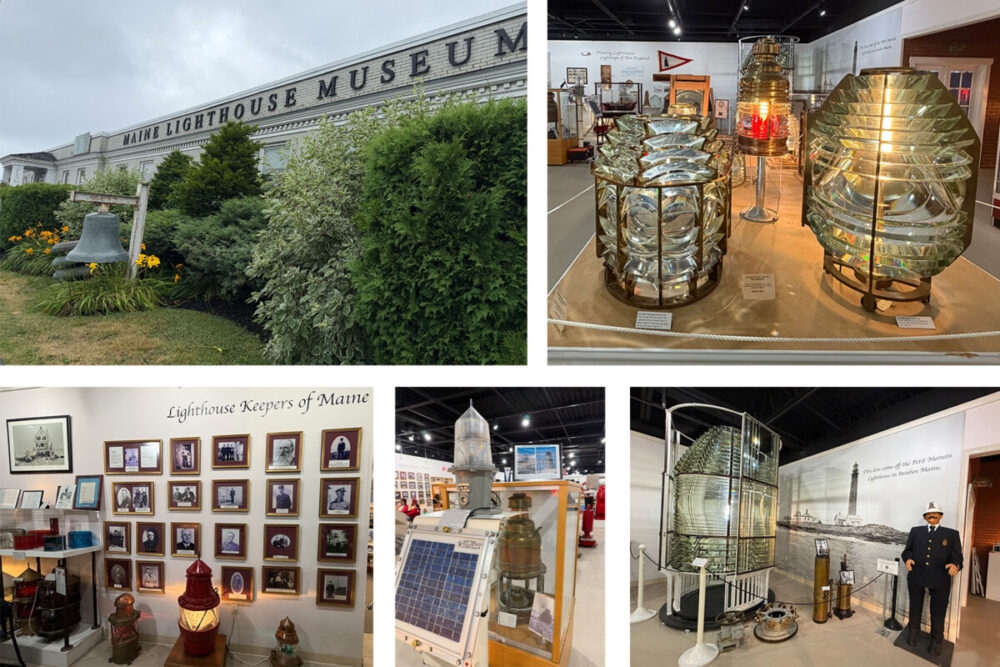 Explore Maine's Coast and Harbors Aboard American Cruise Lines 23 Collage of photos - Maine Lighthouse Museum showing exterior view and interior views of Fresnel lenses and lighthouses