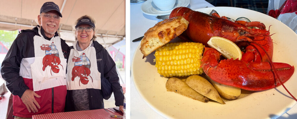 Explore Maine's Coast and Harbors Aboard American Cruise Lines 21 Duo photo - Us at Lobsterbake wearing bibs and our Lobster Dinner with Corn on the Cob and sides