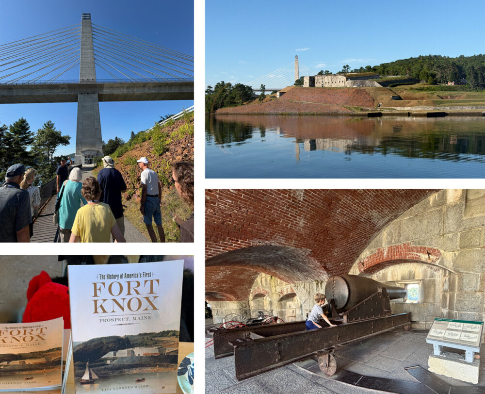Explore Maine's Coast and Harbors Aboard American Cruise Lines 33 Approaching Penobscot Narrows Bridge Observatory and a view of Fort Knox from our ship and inside the fort, a child looking at a cannon