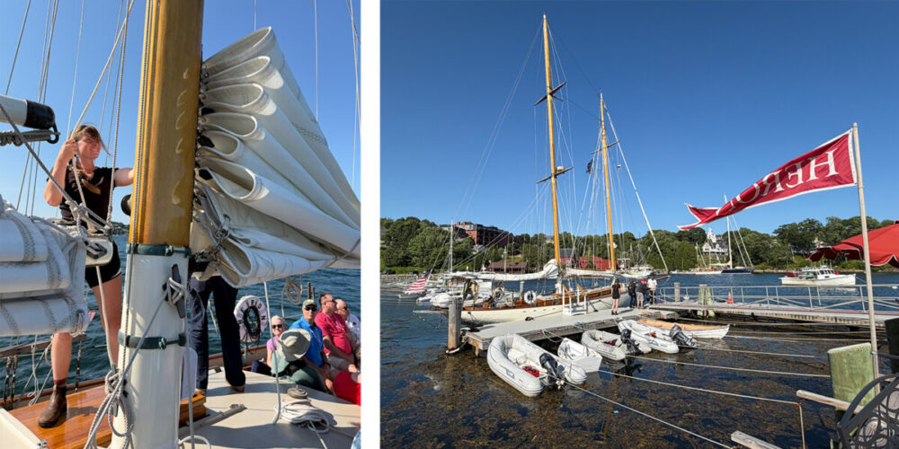 Explore Maine's Coast and Harbors Aboard American Cruise Lines 26 Raising sails on the Schooner Heron and a view of the Schooner.