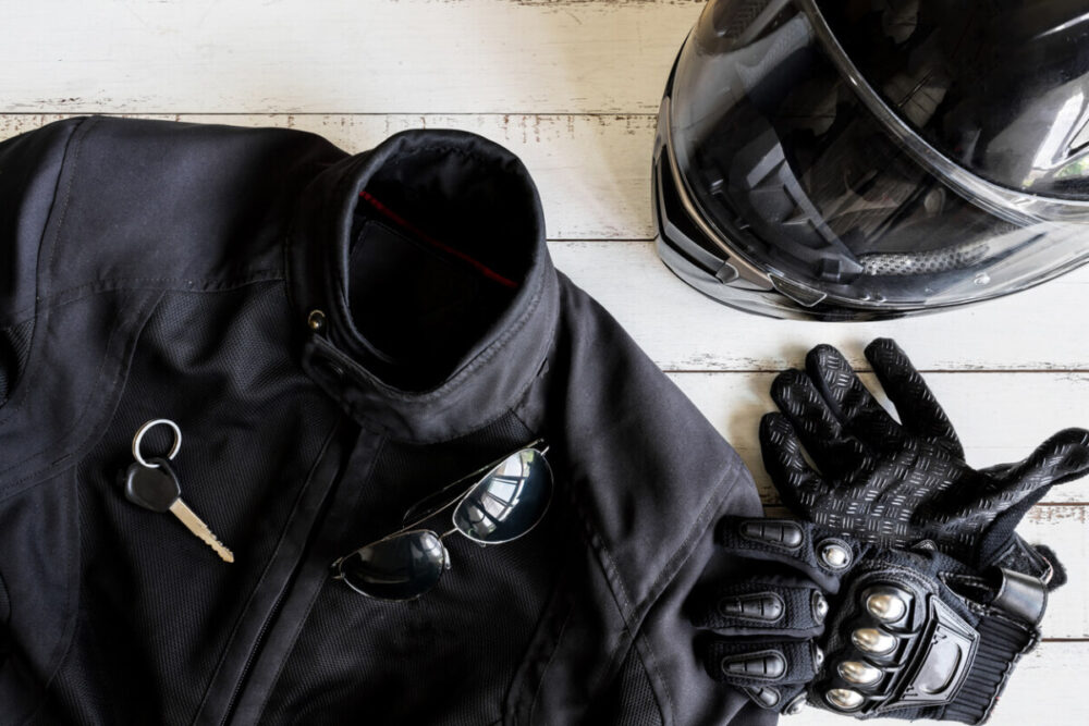 motorcycle jacket, helmet, glvoes